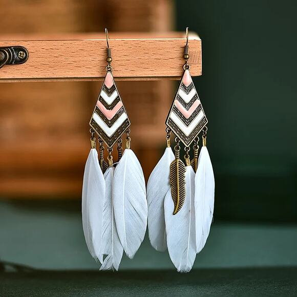 Vintage White Boho Feather Tassel Earrings Geometric Pink - Picture 2 of 2